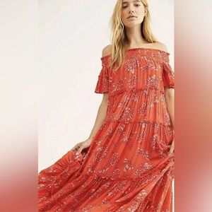 Free People Barclay Dress Maxi Off The Shoulder Floral Ruffle Orange Red XS